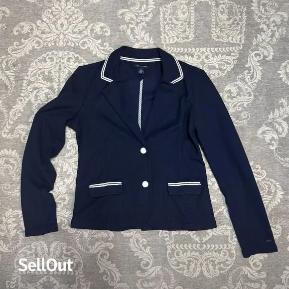 Tommy Hilfiger Women's Navy Blazer M White Trim Business Jacket - Picture 1 of 7